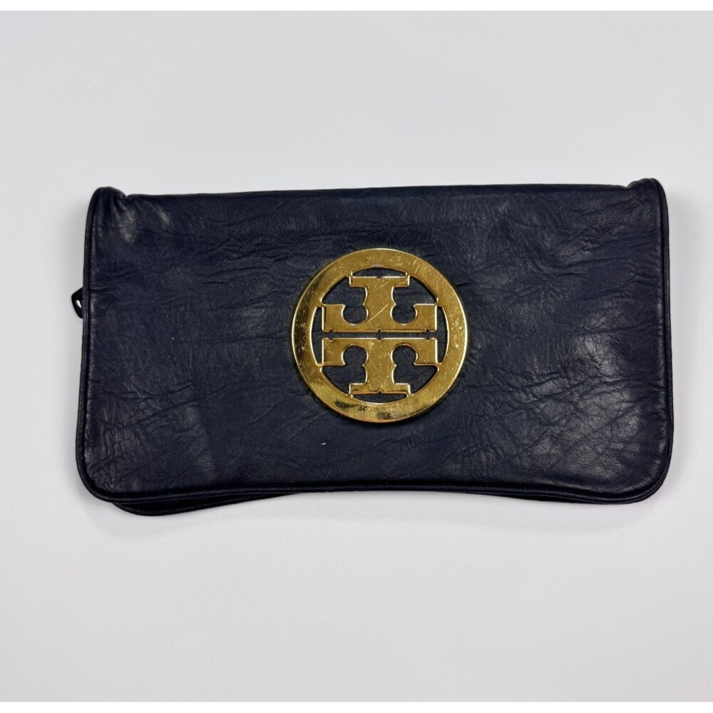 Tory Burch Reva Clutch Bag Black Leather Foldover Gold Logo Embossed Handbag